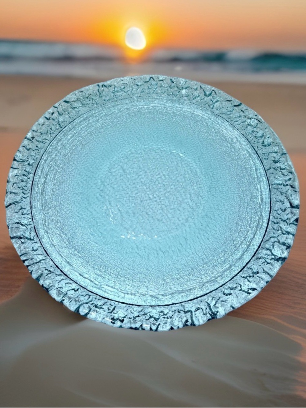 STUNNING Fire & Light Aqua Moonstone Serving Platter 13.75" Recycled Art Glass